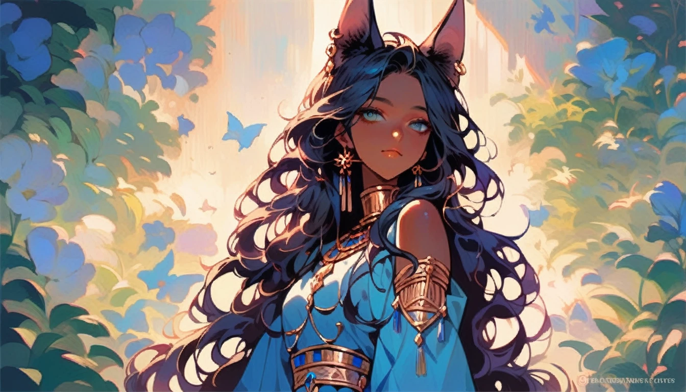 1 Girl，Cat ears，Dark skin tone for women，Dark skin tone，clothing，earrings，Jackal ears，Jewelry，Long hair,，beautiful girl,Standing，Sexy pose，Blue Hair，skin，Keep your mouth shut，Wear，whole body，独奏，Standing，Cat&#39;s Tail，Egyptian Catwoman God, But, Wearing golden cat armor, Catwoman, Egyptian God, Non-febrile,Color model table turnover, character turnaround, Animation character design, Whole body shot with turn around, detailed whole body concept art, Colorful Concept Art, Anime Concept Art, whole body character concept art, whole body concept art, game character concept art, Reference Model Table, Character Concept Reference Art，