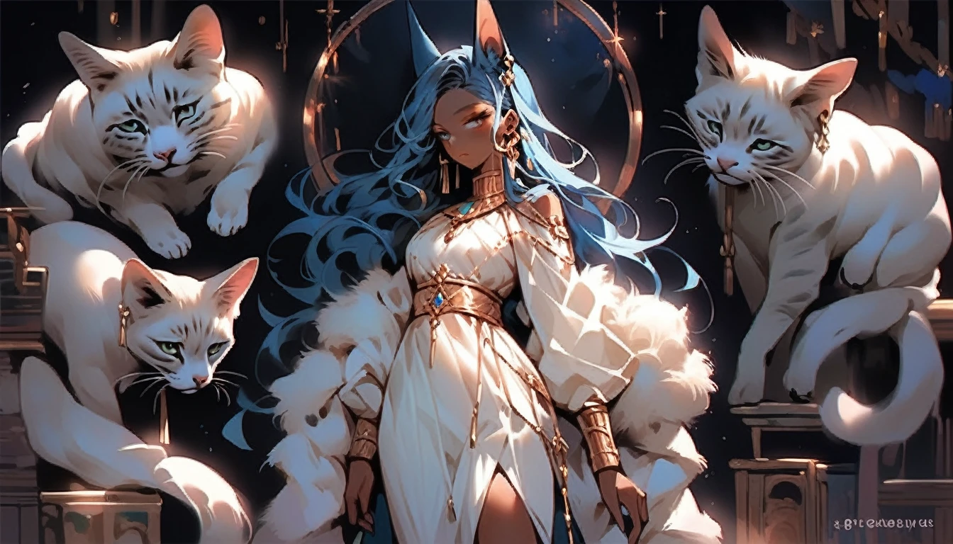 1 Girl，Cat ears，Dark skin tone的女性，Dark skin tone，clothing，earrings，Jackal ears，Jewelry，Long hair,，beautiful girl,Standing，Sexy pose，Blue Hair，skin，Keep your mouth shut，Wear，whole body，solo，Standing，Cat&#39;s Tail，埃及Catwoman神, bet, Wearing golden cat armor, Catwoman, Egyptian God, Neferibido,Color model table turnover, character turnaround, Animation character design, whole body拍摄转身, detailed whole body概念艺术, Colorful Concept Art, Anime Concept Art, whole body角色概念艺术, whole body概念艺术, game character concept art, Reference Model Table, Character Concept Reference Art，