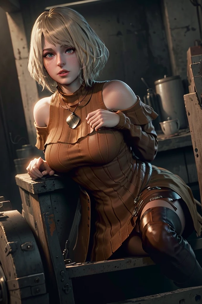 Ashley Graham cute girl re4,highest quality, masterpiece, ultra high resolution, (realistic: 1.4), , 1 girl, off shoulder, cinematic lighting, huge tits nude , heterochromia, blonde hair long ,
