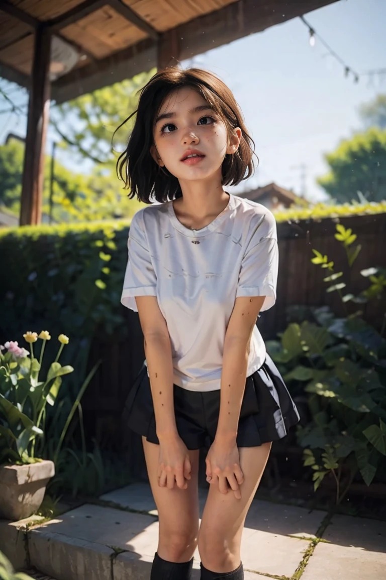 (8K),(masterpiece),(Japanese),(8-year-old girl),((Innocent look)),((Childish)),From the front and above,smile,cute,Innocent,Kind eyes,Plain T-shirt,Short sleeve,Blue checked short skirt,semi-long,Hair blowing in the wind,Black Hair,Somewhat strong wind,noon,bright、Covered erect nipples、 gravure model、Small face、Poking Nipples、Naked Pussy、tights、Wet body、Nipples、Female organ、Sexy pose