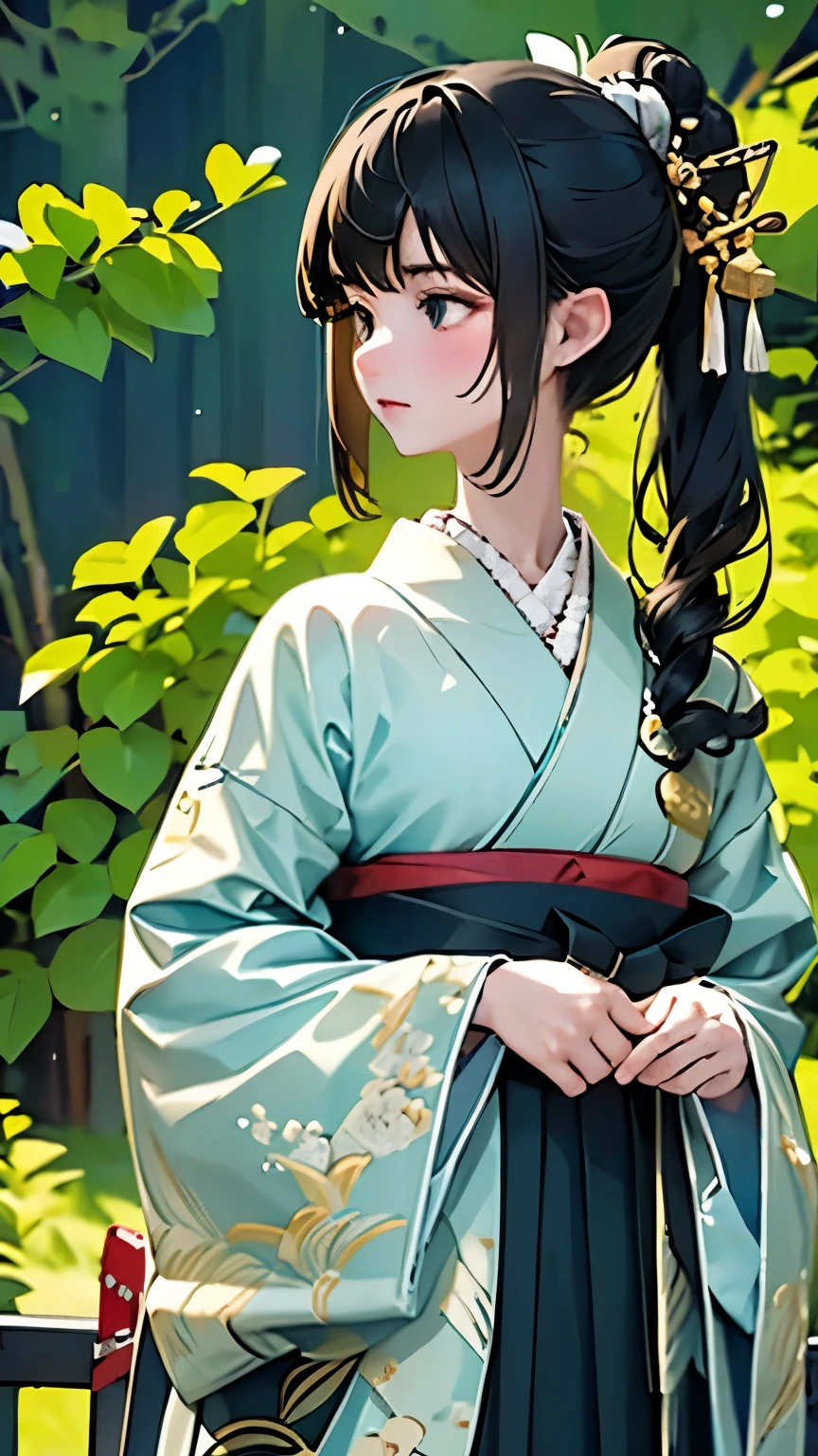 (Surreal), (8K), (Very detailed), (Best illustrations), (Beautiful attention to detail), (Highest quality), (Very detailedな), (masterpiece), (wallpaper), (Detailed face),woman , Haori, Samurai costume, Forest Background, Black Hair、Long Shot、Full body angle、