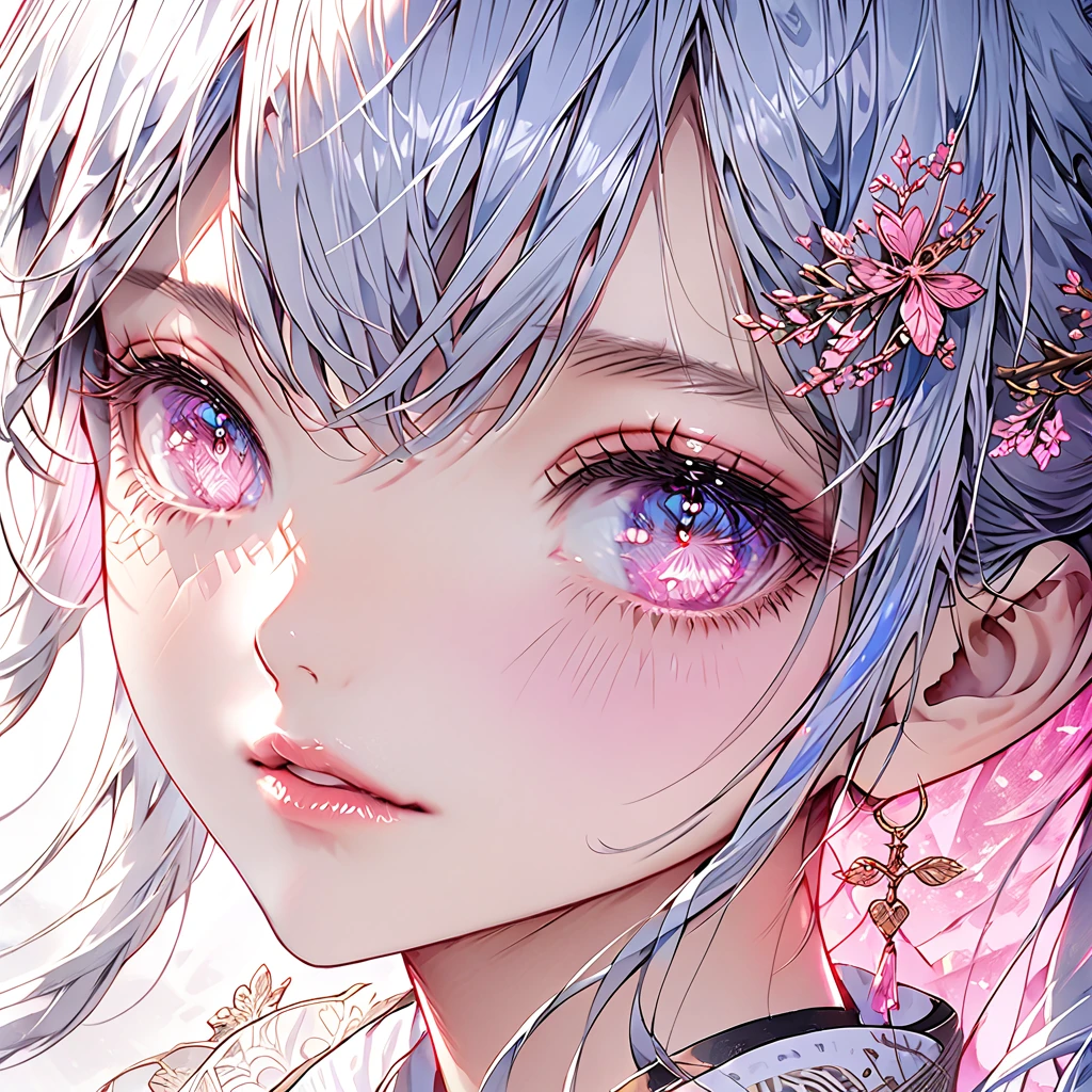 a beautiful girl with long ponytail blue and silver hair with black streak crossing one eye, pink glowing eye with love pattern, intricate detailed face, beautiful detailed eyes, beautiful detailed lips, extremely detailed face and features, longeyelashes, portrait, concept art, digital painting, 8k, best quality, masterpiece, photorealistic, ultra-detailed, sharp focus, vivid colors, cinematic lighting