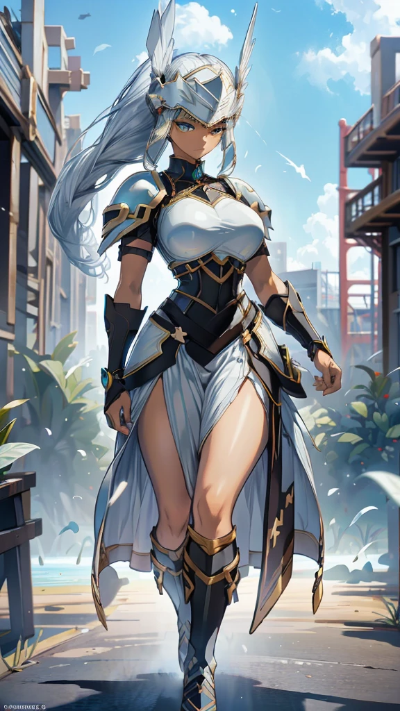 Anime, 1 winged black-skinned girl, Ebony skinned, mega ponytail hairstyle, pure white hair, Sea BLUE eyes, medium bust, valkyrie's winged helmet, white valkyrie's armor, pit black Long large skirt, white gauntlets, white Boots, Ebony skin, serious face, large wings, action pose, extremely Large wings