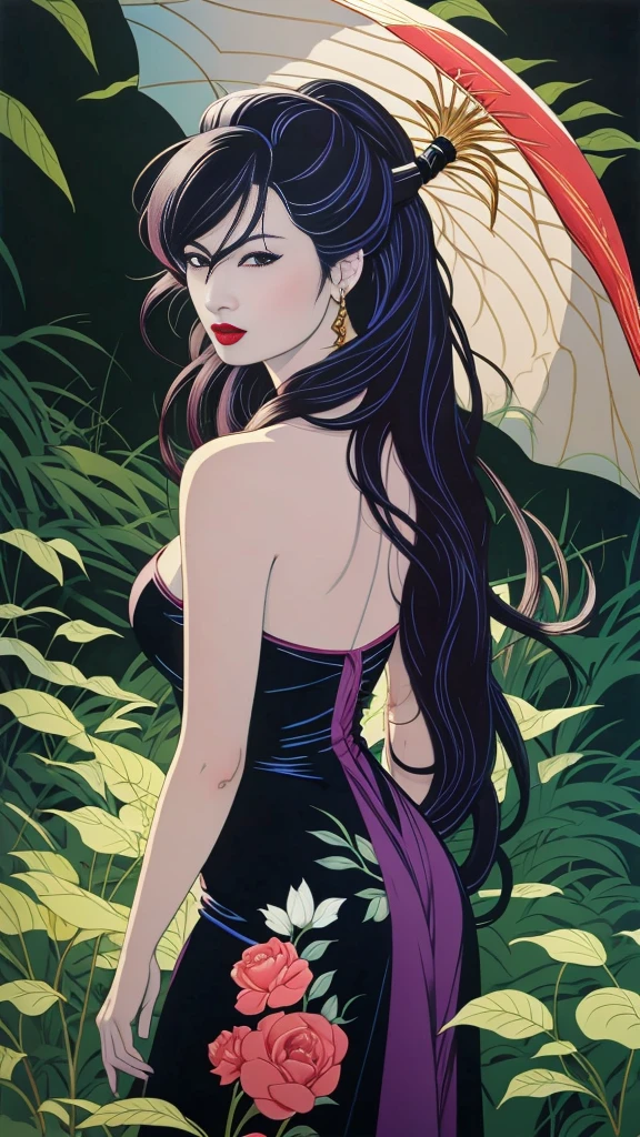 (Masterpiece Art:1.1), (最high quality), Woman with strapless dress and lipstick, gray background, Art style by Patrick Nagel, beautiful, Highly detailed painting, (highly detailed slopes), (detailed face), (fine eyes:1.1), model shoot, professional photography, official art, synthwave,  8K, hard disk, high quality,  award-winning, ponytail, 20-year-old, profile, japanese woman, long hair, 