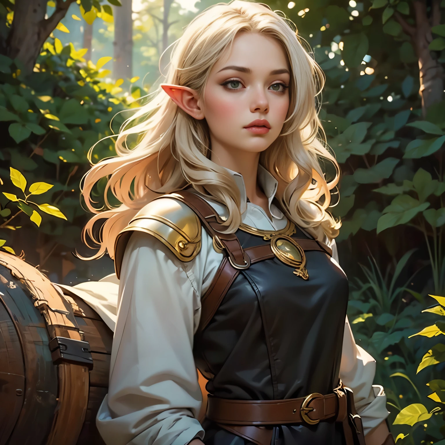 Archer aiming at prey with bow and arrow_Elf、Medieval Fantasy Archer、Detailed facial features、Beautifully detailed eyes、Beautifully detailed lips、Highly detailed face、Long eyelashes、Flowing Hair、Graceful pose、Medieval dress、Leather Armor、Rustic Forest Background、Golden Hour Lighting、Cinematic composition、A calming color palette、Warm tones、Bright colors、Dramatic lighting、Photorealistic、8K、high quality、Intricate details、masterpiece、Concept Art