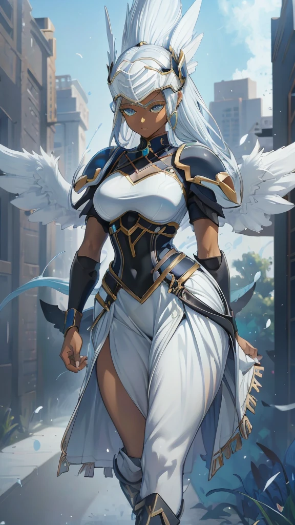 Anime-Serie, 1 geflügeltes schwarzhäutiges Mädchen, Ebenholzhautned, Mega-Pferdeschwanz-Frisur, Reinweißes Haar, meerblaue Augen, mittlere Oberweite, valkyrie's winged helmet, white valkyrie's armor, Grubenschwarz Langer großer Rock, weiße Stulpen, Weiße Stiefel, Ebenholzhaut, ernstes Gesicht, große Flügel, Aktionspose, extrem große Flügel