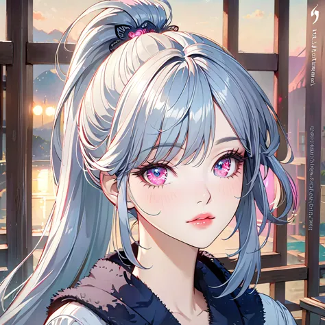 a beautiful girl with long ponytail blue and silver hair with black streak crossing one eye, pink glowing eye with love pattern,...