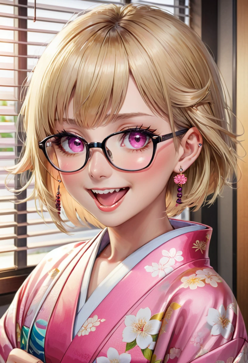 seulement, regarder le spectateur, sourire, Cheveux courts, bouche ouverte, frange, cheveux blond, 1garçon, bijoux, Haut du corps, foyer masculin, des boucles d&#39;oreilles, vêtements japonais, Lunettes, dents, langue, à l&#39;intérieur, langue out, Yeux roses, kimono, perçant, ear perçant, portrait, langue perçant, stores