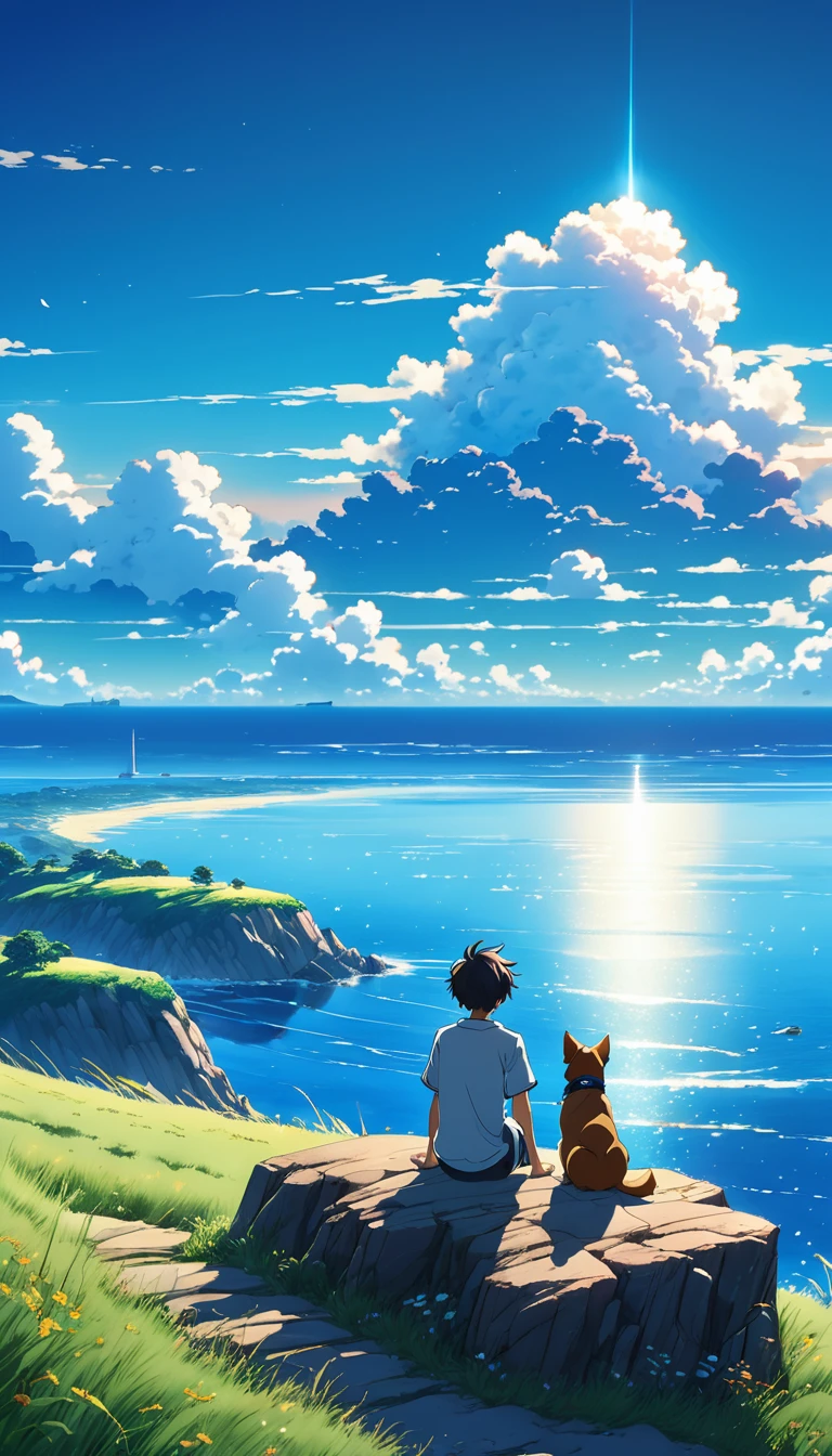 high quality, 8K Ultra HD, great detail, masterpiece, an anime style digital illustration, anime landscape of a boy with his dog sitting on a hill, looking at a cloudless sea-like blue sky, calm, serene, nature screen anime with serene sky, beautiful anime scene, beautiful anime peace scene, Makoto Shinkai Cyril Rolando, beautiful anime scene, amazing wallpaper, 8k anime art wallpaper, anime background, art anime background , 4k anime wallpaper, 4k anime art wallpaper, 4k anime art wallpaper,