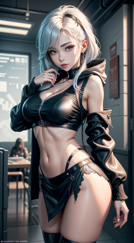 sfw, ((Best quality at best)), ((tmasterpiece)), (the detail:1.4), 3D, images of beautiful cyberpunk women,HighDynamicRange（HighDynamicRange）,Ray traching,NVIDIA RTX,Hyper-Resolution,sub surface scattering、PBR textures、post-proces、Anisotropy Filtering、depth of fieldaximum definition and sharpnesany-Layer Textures、Albedo e mapas Speculares、Surface Coloring、Accurately simulate the interaction of light with materials、perfect proportions、Rendered by Octane、Dichroic light、largeaperture、Low ISO、White balance、the rule of thirds、8K raw data、1 Sister，doomsday seaside city，looking at the viewer only，1.5，floated hair，Lingerie with a slinger，Superskirt，open frayed hooded leather jacket，、 wearing bra,((skinny waist)), young asian girl, ((big breasted)),nsfw.