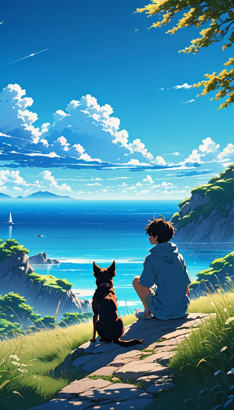 alta qualidade, 8K ultra-HD, Grande detalhe, Obra de arte, uma ilustração digital estilo anime, paisagem de anime de um menino com seu cachorro sentado em uma colina, olhando para um céu azul sem nuvens como o mar, calm, sereno, nature screen anime with sereno sky, linda cena de anime, linda cena de paz de anime, Makoto Shinkai Cyril Rolando, linda cena de anime, papel de parede incrível, Papel de parede de arte de anime 8K, fundo de anime, art fundo de anime , Papel de parede de anime 4K, Papel de parede de arte de anime 4k, Papel de parede de arte de anime 4k,