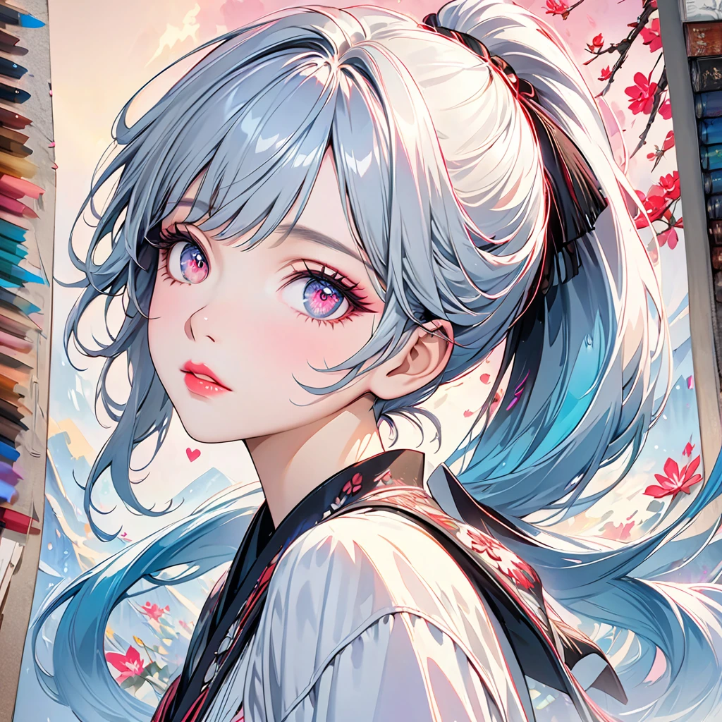 a beautiful girl with long ponytail blue and silver hair with black streak crossing one eye, pink glowing eye with love pattern, intricate detailed face, beautiful detailed eyes, beautiful detailed lips, extremely detailed face and features, longeyelashes, portrait, concept art, digital painting, 8k, best quality, masterpiece, photorealistic, ultra-detailed, sharp focus, vivid colors, cinematic lighting