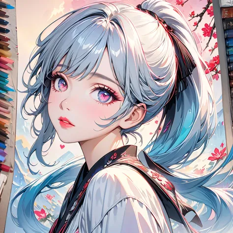 a beautiful girl with long ponytail blue and silver hair with black streak crossing one eye, pink glowing eye with love pattern,...