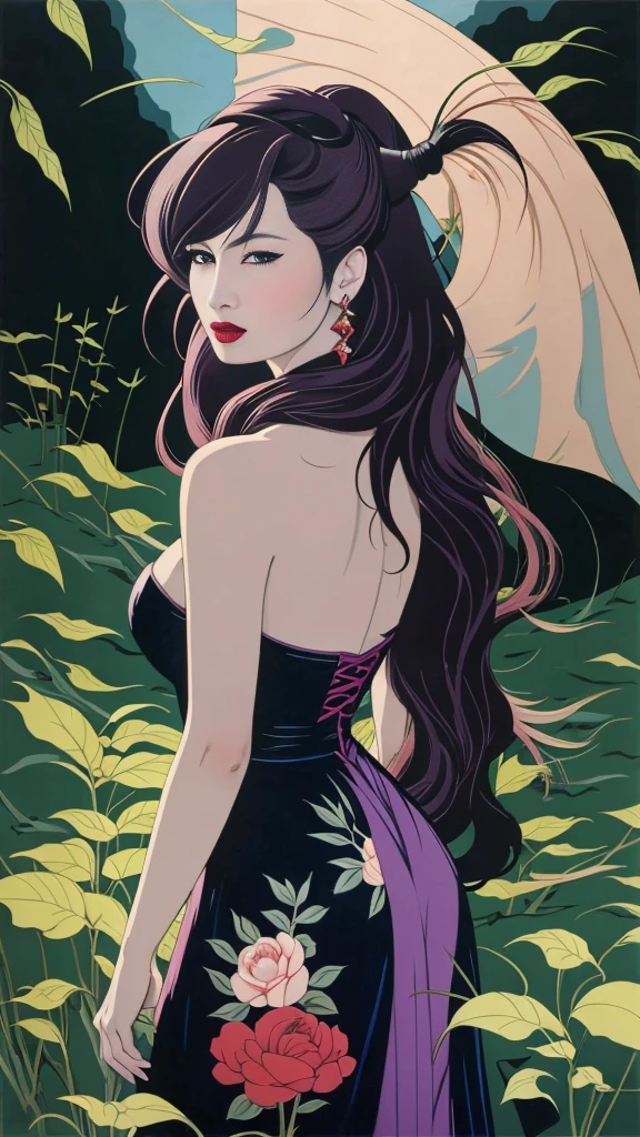 (Masterpiece Art:1.1), (最high quality), Woman with strapless dress and lipstick, gray background, Art style by Patrick Nagel, beautiful, Highly detailed painting, (highly detailed slopes), (detailed face), (fine eyes:1.1), model shoot, professional photography, official art, synthwave,  8K, hard disk, high quality,  award-winning, ponytail, 20-year-old, profile, japanese woman, long hair, 