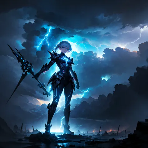 ((full body shot)) of a girl in electrifying, futuristic armor with sleek silver and blue accents, standing in a stormy, electri...