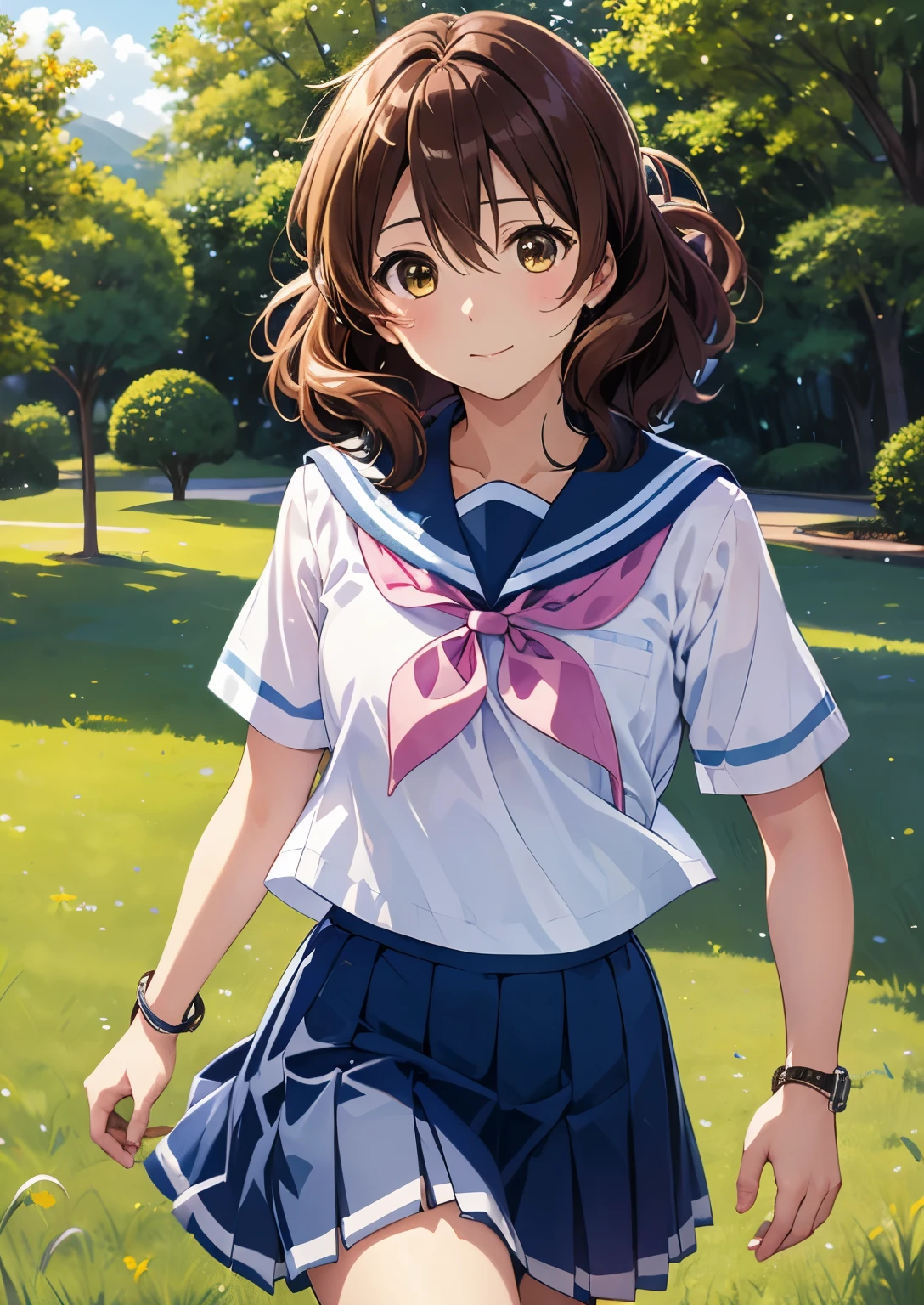 1 Girl, kumiko oumae, (running:1.3),Medium Hair, bangs, Closed Mouth、Hair between the eyes,Wavy Hair、 Looking at the audience, whole body, Front view:0.6, On campus、(Beautiful views), High , Sailor suit ,Pleated skirt,(Flowing Grass:1.3),(Genuine、Realistic、Realistic:1.30)、High resolution、超High resolution、Ultra-fine painting、Sharp focus、Physically Based Rendering、Cowboy Shot