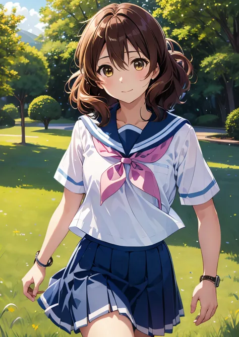 1 girl, kumiko oumae, (running:1.3),medium hair, bangs, closed mouth、hair between the eyes,wavy hair、 looking at the audience, w...