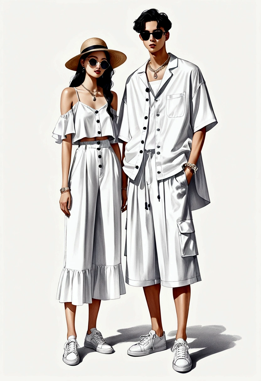 candid fashion illustration of young Asian man and woman, both aged 20 year old, ((showcase fashion look book in a White rayon outfits)), inspired by Zara's resort collection 2020 in elegant young bohemian style. The man wears an oversized short-sleeved bowling white shirt with a pocket details, paired with relaxed-fit white Sports Wide Leg Shorts Baggy short and Drawstring, He completes his look with white sneakers, sunglasses and  bracelet. The woman complements him in a white Ankle-length dress in a rayon with delicate lace insets, V-shaped neckline, covered buttons down the front and an open section, spaghetti shoulder straps, Gathered tiers down the skirt and a scalloped hem,  Her ensemble includes an accessorizes with a wide-brimmed straw hat, white sneakers and necklace. Captured in a low angle, ((full-body image)), ((blank background)), sketching, realistic charcoal lines, imperfect drawing, fading sketch, fashion look book, fashion illustrator, sketch design,