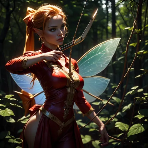 ((hunting＿Aiming for prey_A long bow and arrow is aimed at the prey_Fairy_Shooter_Shooter:1.9))、Blonde medium hair、Big Breasts、T...
