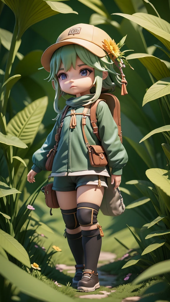 There is a poster of a cartoon character wearing a hat and a backpack., Female Explorer Mini Cute Girl, walking in a wilderness, Flower Jungle, Animation-style rendering, Cute 3D rendering, small character. Unreal Engine 5, Stylized anime, Cute and detailed digital art, Atei Gailan 8K, Stylized 3D rendering, Adventure surreal rendering, Anime style 3D, 3D rendering style