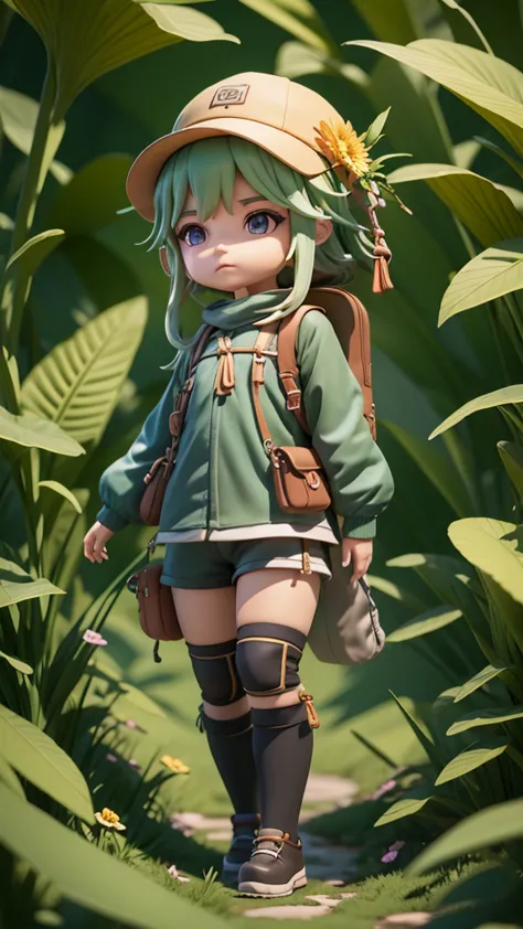 there is a poster of a cartoon character wearing a hat and a backpack., female explorer mini cute girl, walking in a wilderness,...