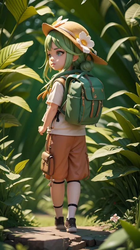 there is a poster of a cartoon character wearing a hat and a backpack., female explorer mini cute girl, walking in a wilderness,...