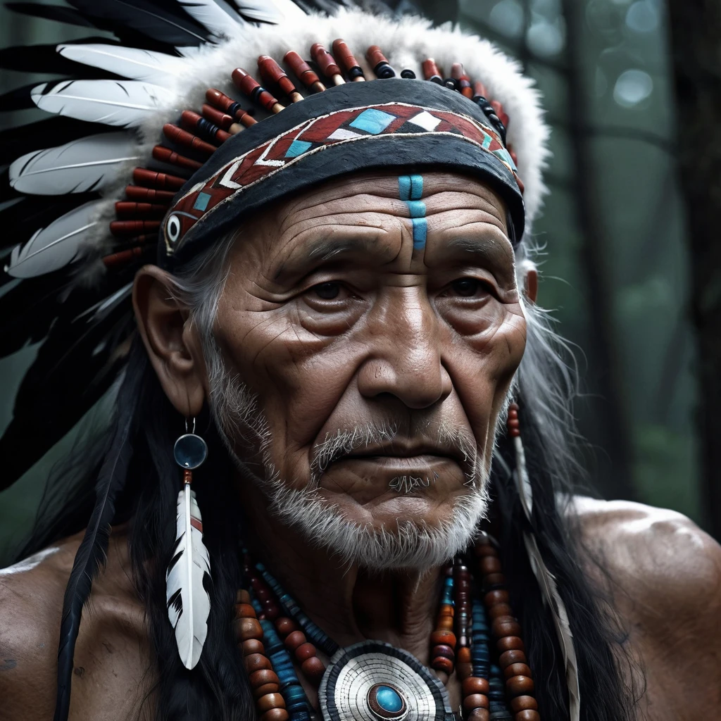 close up, an old man shaman of the Native Americans of the Crow tribe. warpaint, feathers, beads, beads . Gloomy Night Lighting. The background is a moonlit night in the forest. hiperdetalização. elegance, splendor, Perfection, Beauthfull, Inspired by @ralphlentjes, Bright dark, hight contrast, textured appearance, black and white still, digitl art, perfect composition, Linda, detailed, intricate, insanamente detailed, octane rendering trend in artstation, 8k art photography, photorrealistic concept art, soft natural volumetric cinematic perfect light, Bright dark, rewarded photography, work of art, oil on canvas,, Intricate details as seen in Octane&#39;s rendering, high resolution, high qualiy, work of art