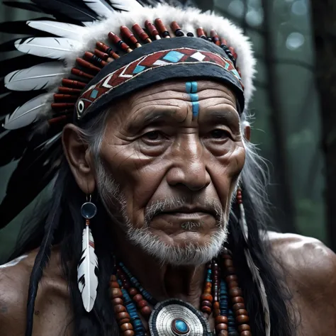 close up, an old man shaman of the Native Americans of the Crow tribe. warpaint, feathers, beads, beads . Gloomy Night Lighting....