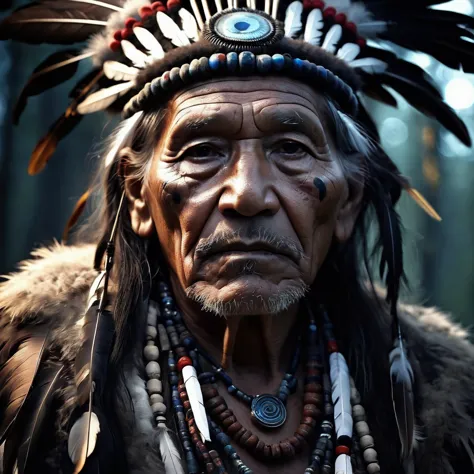 close up, an old man shaman of the Native Americans of the Crow tribe. warpaint, feathers, beads, beads . Gloomy Night Lighting....