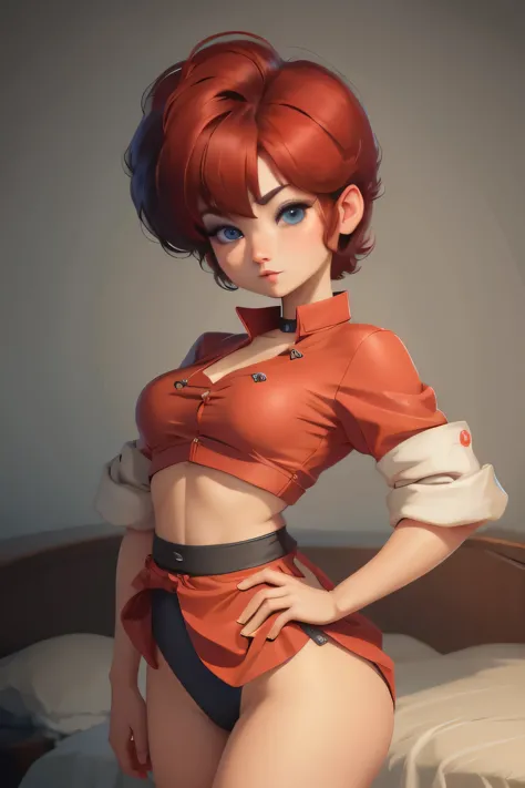 Ranma-chan. very short hair. choker. blue eyes. red hair. nurse. small saggy breasts. a photo of a face in the vicinity. bed