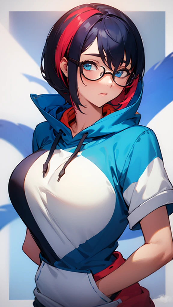 （Hair color: red and blue two-tone color）short hair glasses hoodie big breasts