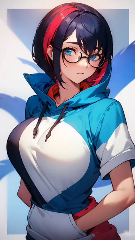 （Hair color: red and blue two-tone color）short hair glasses hoodie big breasts