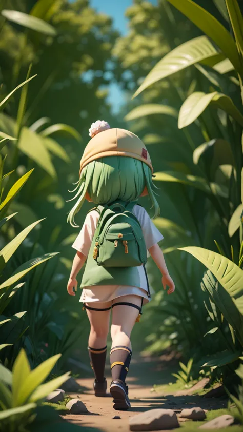 there is a poster of a cartoon character wearing a hat and a backpack., female explorer mini cute girl, walking in a wilderness,...