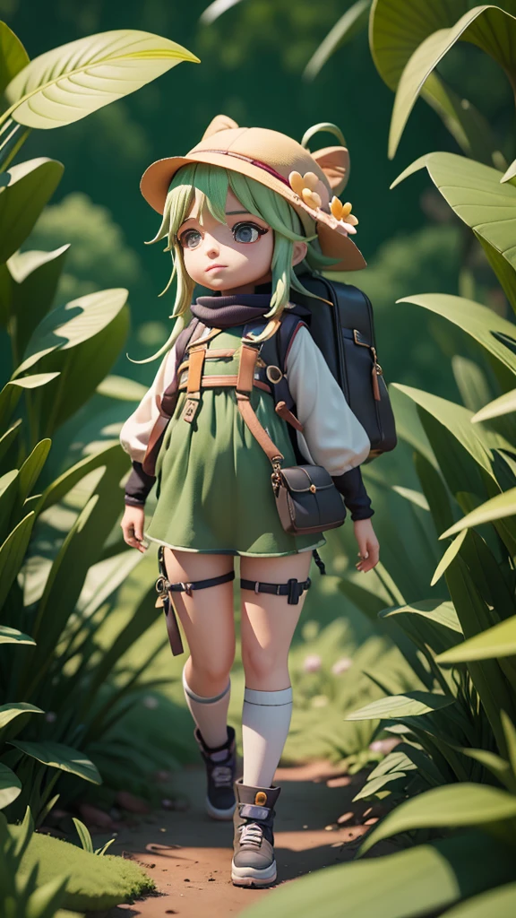 There is a poster of a cartoon character wearing a hat and a backpack., Female Explorer Mini Cute Girl, walking in a wilderness, Flower Jungle, Animation-style rendering, Cute 3D rendering, small character. Unreal Engine 5, Stylized anime, Cute and detailed digital art, Atei Gailan 8K, Stylized 3D rendering, Adventure surreal rendering, Anime style 3D, 3D rendering style