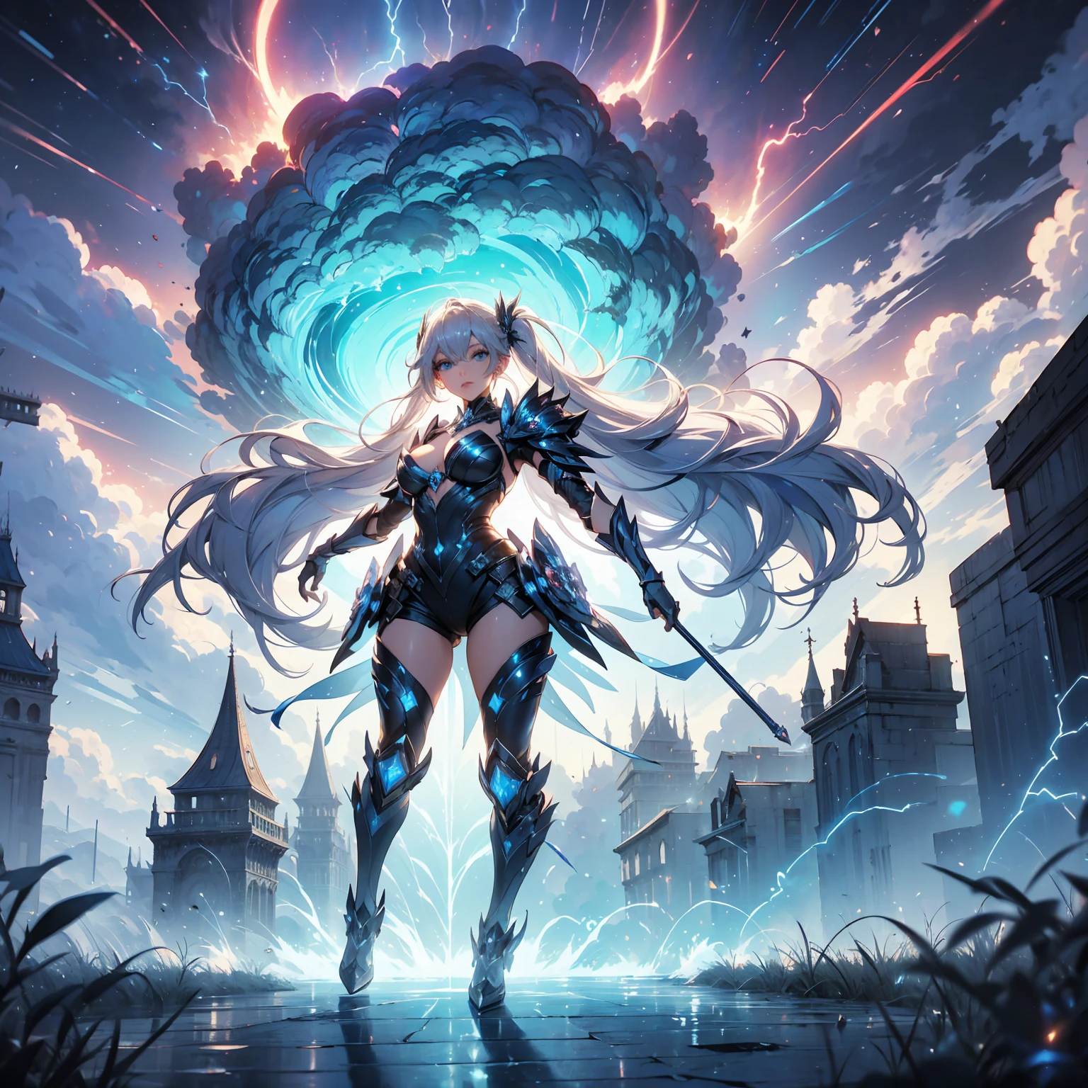 ((full body shot)) of a girl in electrifying, futuristic armor with sleek silver and blue accents, standing in a stormy, electrified sky. She has short, spiky platinum blonde hair and piercing, electric blue eyes. Her skin has a faint, radiant glow, and she is adorned with intricate lightning bolt motifs. She holds a magnificent staff crackling with arcs of lightning, emitting a powerful, electric aura. The atmosphere is {charged|awe-inspiring}, with thunderclouds and bolts of lightning illuminating the scene. The ground beneath her is charged with static electricity, creating a shimmering effect and adding to the electrifying ambiance. Surrounding her are swirling storm clouds and bursts of lightning in shades of {blue|white}, casting a dynamic, electrical glow. The background features towering, swirling storm formations and glimpses of a distant, lightning-lit castle, hinting at a kingdom ruled by thunder and lightning. The scene is intense and majestic, with her face showing a confident yet serene expression, her eyes focused intently on harnessing her power.

[Best quality], [Masterpiece], [Ultra-detailed], [4k], {charged|awe-inspiring} atmosphere, stormy sky, {dynamic pose|commanding pose}, electrified illumination, {soft shadows|dramatic lighting}, {charged ground:0.7}, {swirling storm clouds:0.6}, {bursts of lightning:0.5}, {storm formations:0.4}, {lightning-lit castle:0.3}.