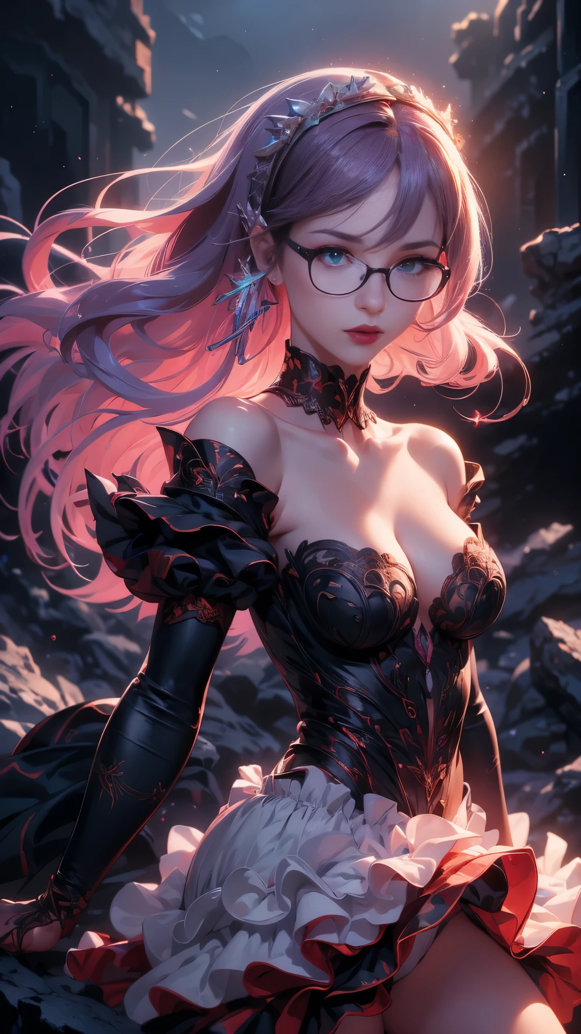 (Best quality, Ultra detailed, Masterpiece:1.2), 1girl, perfect face, female, gamer girl, (aqua eyes), (cherry-red lips), light smile, long black hair, purple streaked hair, purple highlights, bangs, choker, nerdy glasses, wearing headphones, white off-shoulder sweater, black skirt, thigh-highs, nighttime, neon lights in the background, colorful lights, (skirt lifted by itself: 1.1), (skirt lift: 1.3), (showing white panties: 1.3), (skirt lifted by itself: 1.1), (skirt lift: 1.3), (showing white panties: 1.3),(Fondo de ruinas de mazmorra en ruinas:1.4 ), (mostrando panties :1.4), ,(Fondo de ruinas de mazmorra en ruinas piedras grandes :1.4 ), Epic Fantasy Art Style HD, 4K fantasy art, epic fantasy digital art style, epic fantasy art style, Fantasy Woman, epic fantasy art portrait, Epic fantasy style, hyperrealistic fantasy art, hd fantasy art, Epic fantasy character art, epic fantasy art, in style of dark fantasy art, epic fantasy digital art, (face detailed :1.4) 