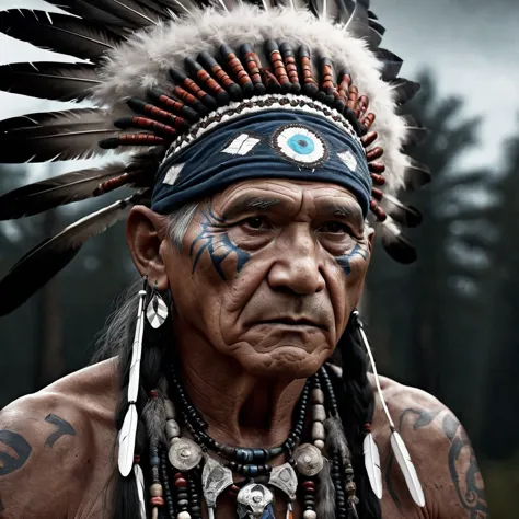 an old man shaman of the native americans . front view, war paint, feathers, beads, beads. gloomy night lighting. hyperdetalizat...