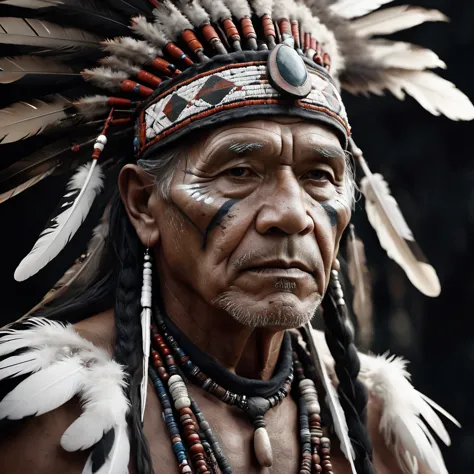 an old man shaman of the Native Americans . front view, War paint, feathers, beads, beads. Gloomy night lighting. Hyperdetalizat...
