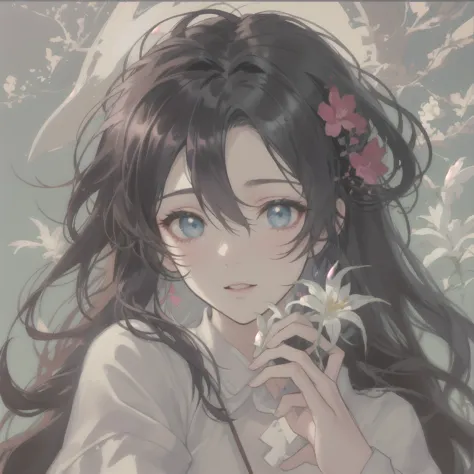 anime girl with long hair holding a flower in her hand, guweiz, artwork in the style of guweiz, guweiz on pixiv artstation, beau...