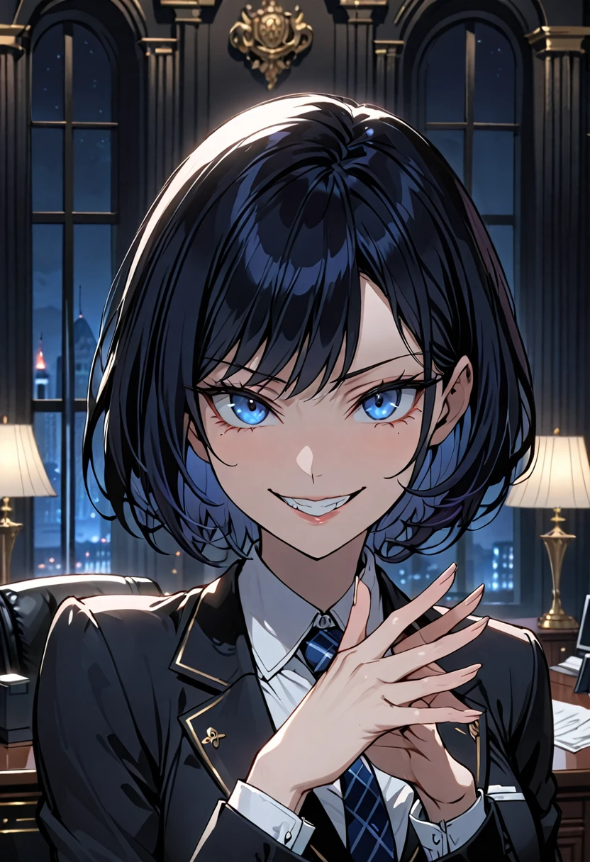female, solo, close up, black business suit, short hair, black hair, dark blue eyes, night, luxurious government office, indoors, steepled fingers, sinister smile, politician, wink, blue tie, white shirt