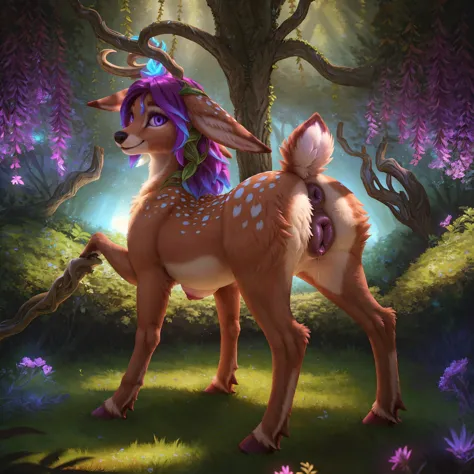 lillia from league of legends, ((deer centaur)), 4 hooves, two arms, two hands, deer tail, fluffy, high resolution, realistic, s...