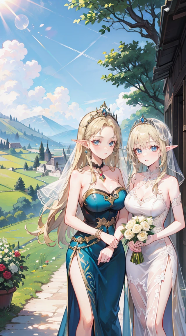 beautiful woman，Folk Girl，blonde with blue eyes，Twist，Wear a strapless wedding dress with no straps.，countryside，countryside，beautiful scenery，European Middle Ages，smile with teeth，forehead，forehead exposed，big ，rift, (Elf Princess),(2 young women ,beautiful woman)