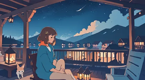 a girl sitting on a porch with a fox, with a view of the night sky