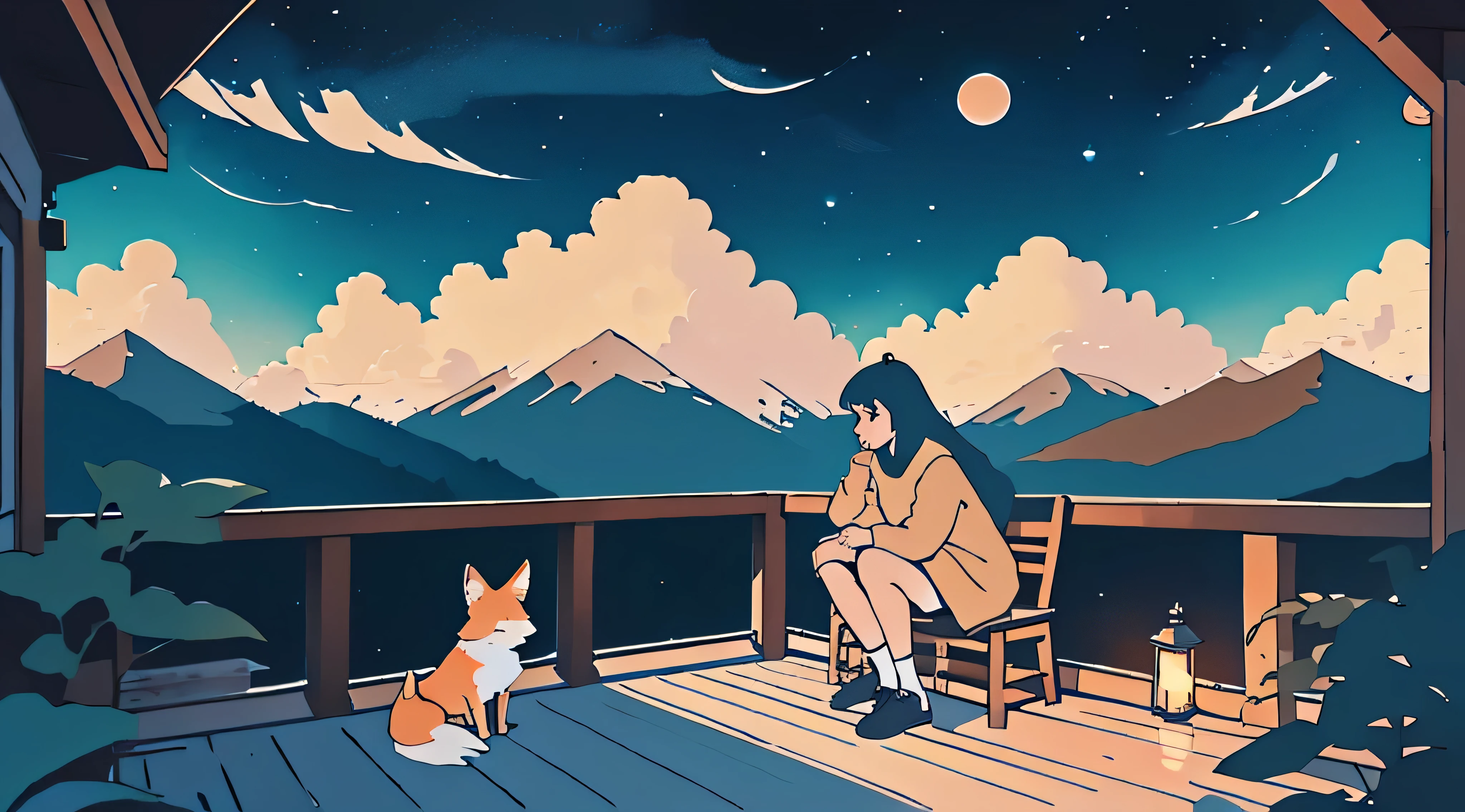 a girl sitting on a porch with a fox, with a view of the night sky