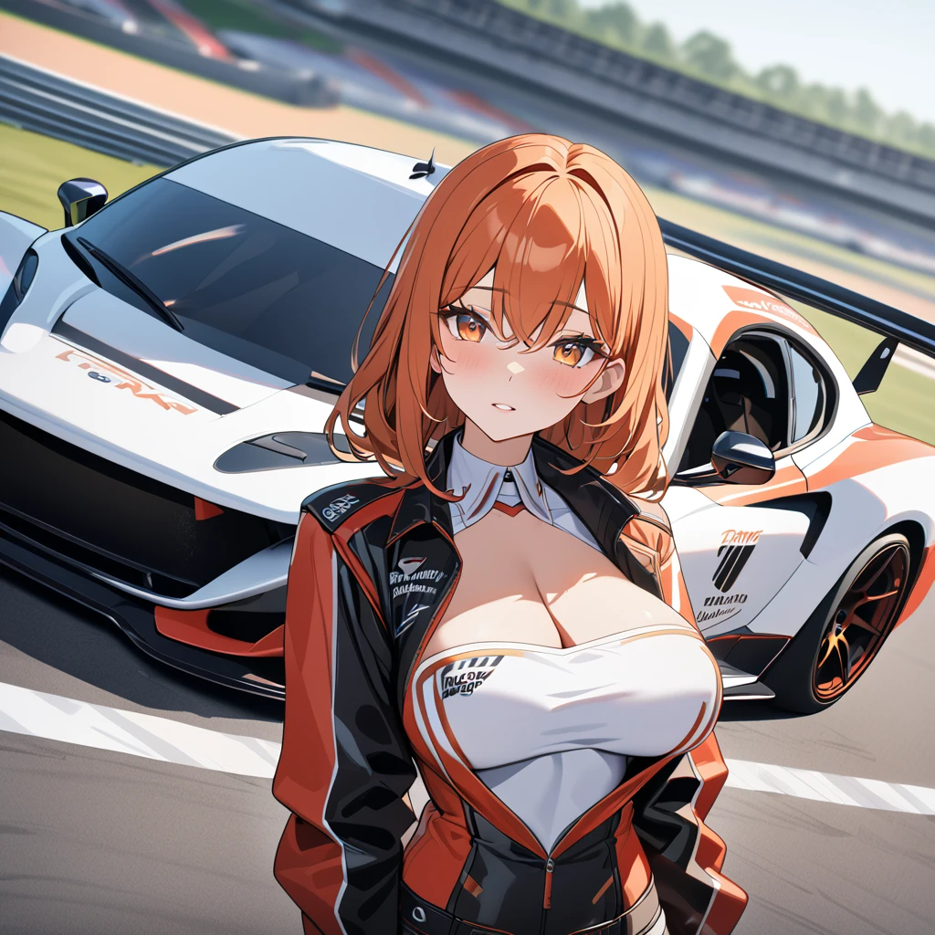 A woman wearing a race queen costume with white and red colors, orange red hair, orange eyes, purple eyes, big breasts, leather boots, next to a white race car with red details, standing, on the race track, perfect car. UHD , prime work , accurate , anatomically correct , textured skin , super details , high quality , best quality, 8k, high resolution, bokeh effect. (woman alone),
