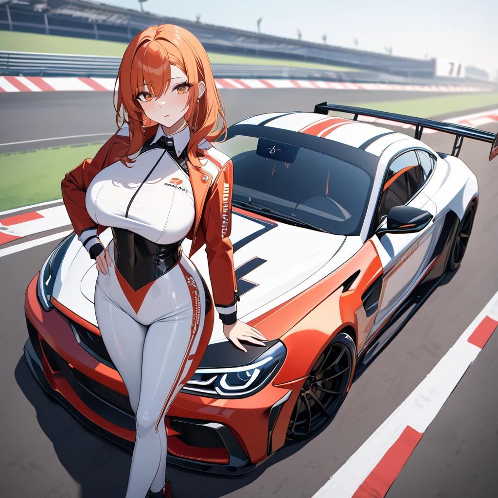 A woman wearing a race queen costume with white and red colors, orange red hair, orange eyes, purple eyes, big breasts, leather boots, next to a white race car with red details, standing, on the race track, perfect car. UHD , prime work , accurate , anatomically correct , textured skin , super details , high quality , best quality, 8k, high resolution, bokeh effect. (woman alone),
