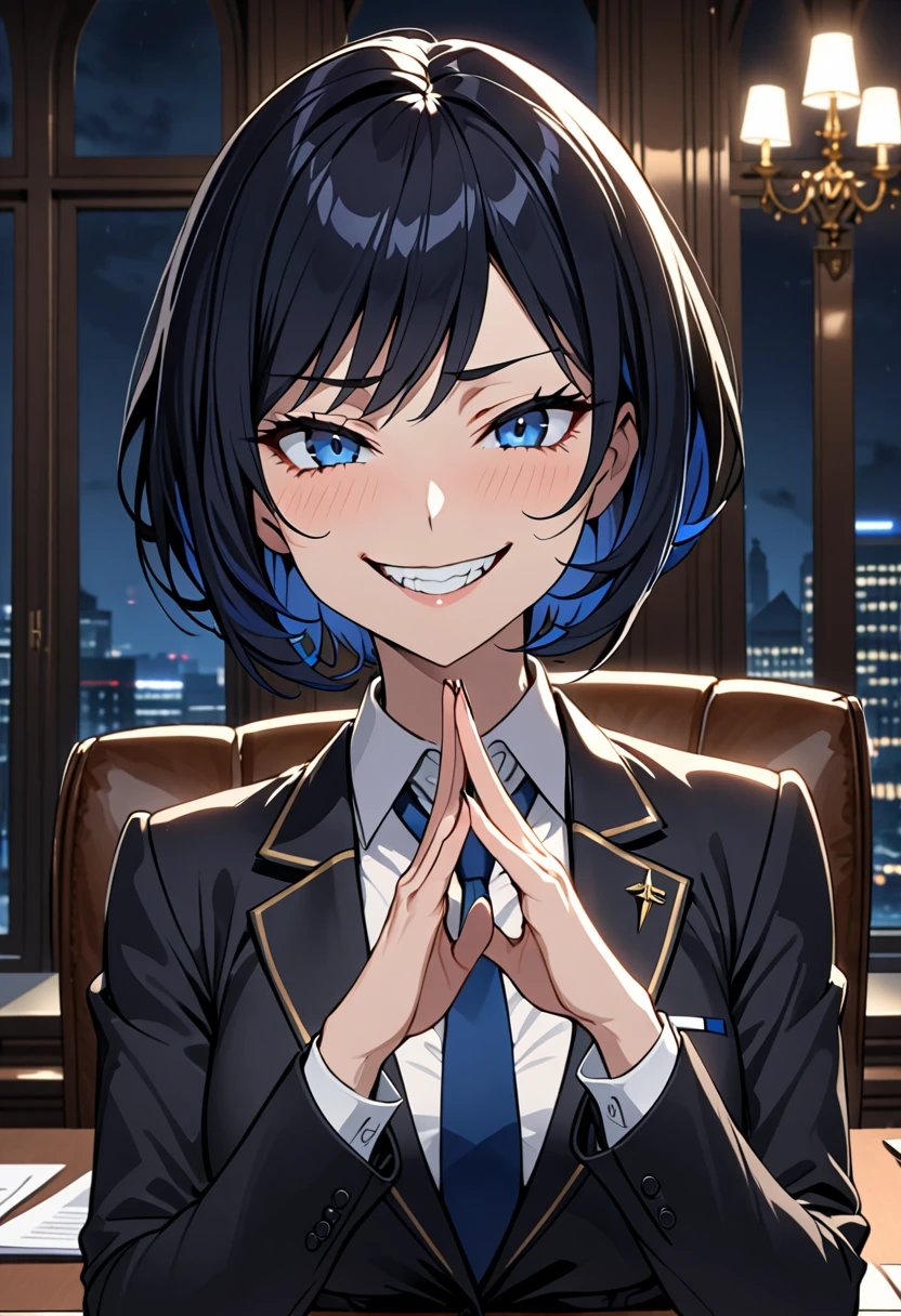 female, solo, close up, black business suit, short hair, black hair, dark blue eyes, night, luxurious government office, indoors, steepled fingers, sinister smile, politician, wink, blue tie, white shirt, manic expression