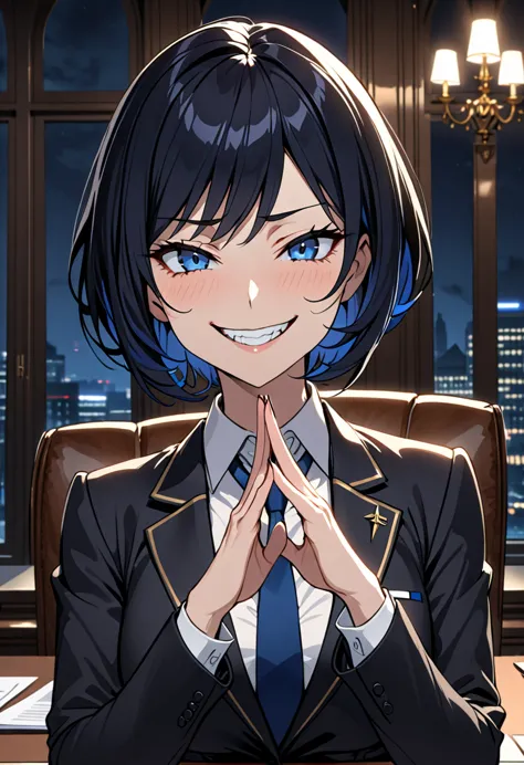 female, solo, close up, black business suit, short hair, black hair, dark blue eyes, night, luxurious government office, indoors...