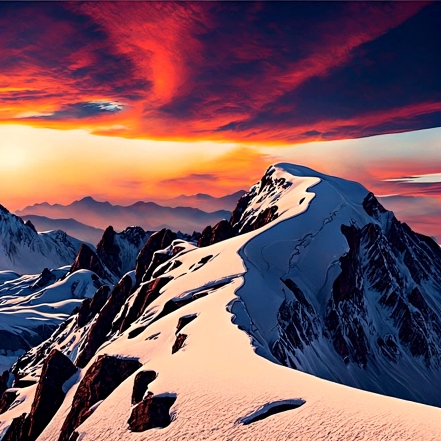 filmart, conceptual artwork, work of art, wide angle perspective, S-shaped composition, an image of the mountain landscape from near to far in a cinematic view, with distinct levels, clear high and low, distant sunset on top of a snowy mountain, HD texture, snowy mountains in distant layers, white clouds,