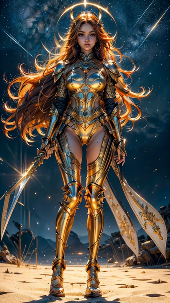 ((best quality)), ((masterpiece)), (ultra detailed lights), ((full body shot)), ((skinny body)), indonesian girl, extremely beautiful, ((slim body)), thighs gap, ultra face details, 20 years old, ((orange curvy-hair)), ((hair blown by strong winds :1.3)), Award-winning photograph, ((symmetrical pose)), teen goddess with (golden sword) in ((full body golden black armor)) are in the middle of battlefield, posing in the middle, intricate details, ((thight golden armour)), ((extremely details armor)), ((tight latex pants)), ((24k-gold armor)), ((edge luminous armor)), cameltoe, luminescent, epic lights reflections, she is posing with ((Athena's golden bow)), at beach, full of stars, orange clouds, nebula sky, epic aurora borealis in the background, shooting stars, ((from below))